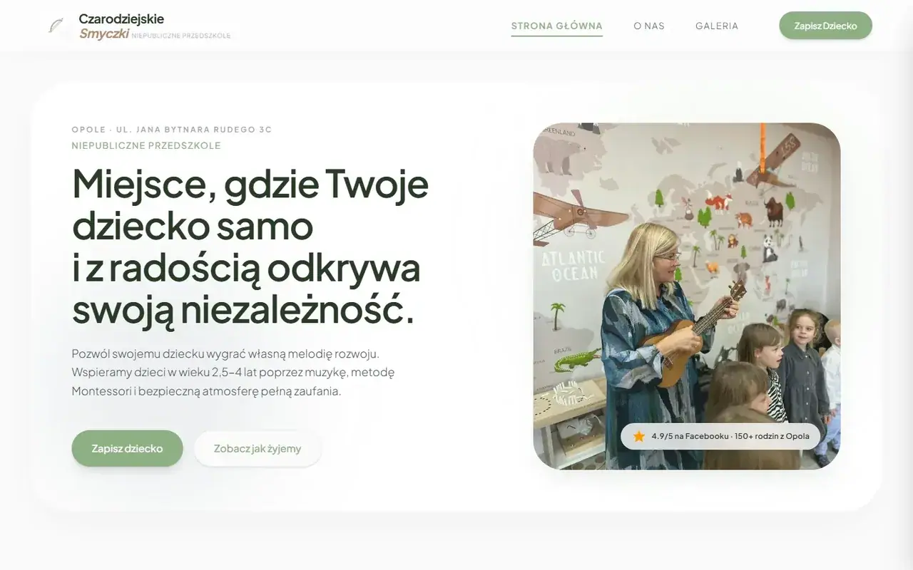Strona przedszkola Czarodziejskie Smyczki, widok strony głównej.