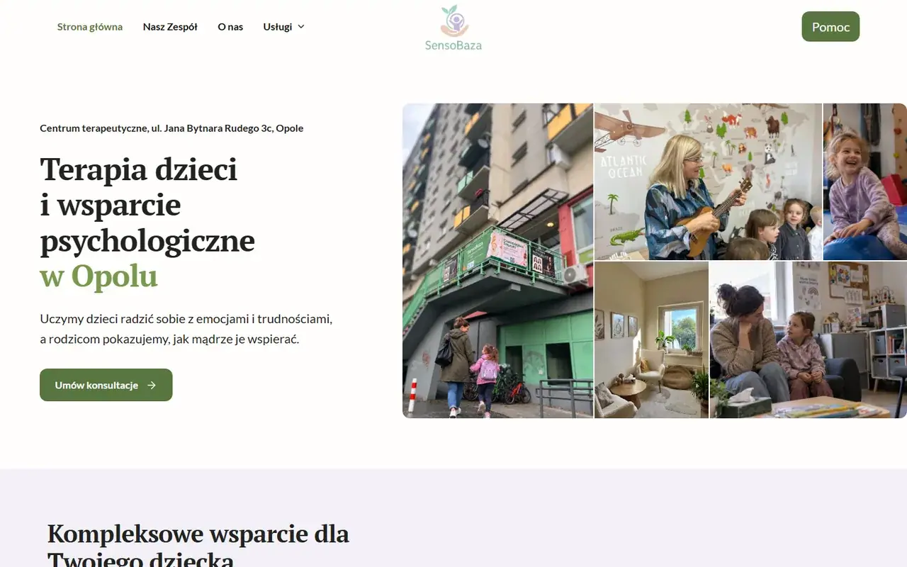 Strona centrum terapeutycznego SensoBaza, widok strony głównej.